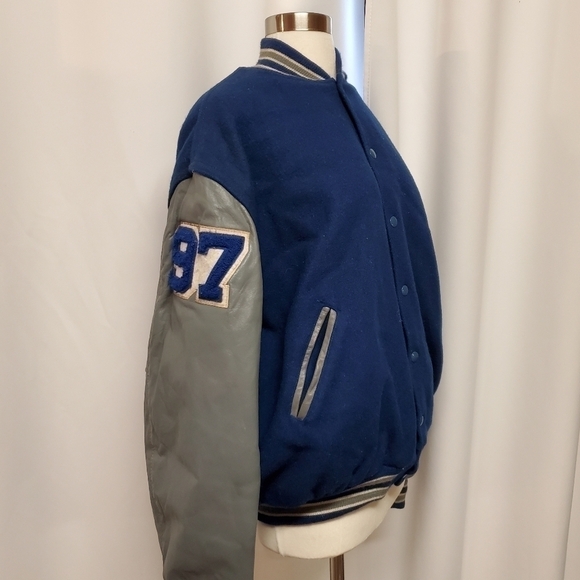 Vintage 90s Varsity Letterman High-school 2 Tone Wool Leather Bomber Jacket Lg - Picture 9 of 13